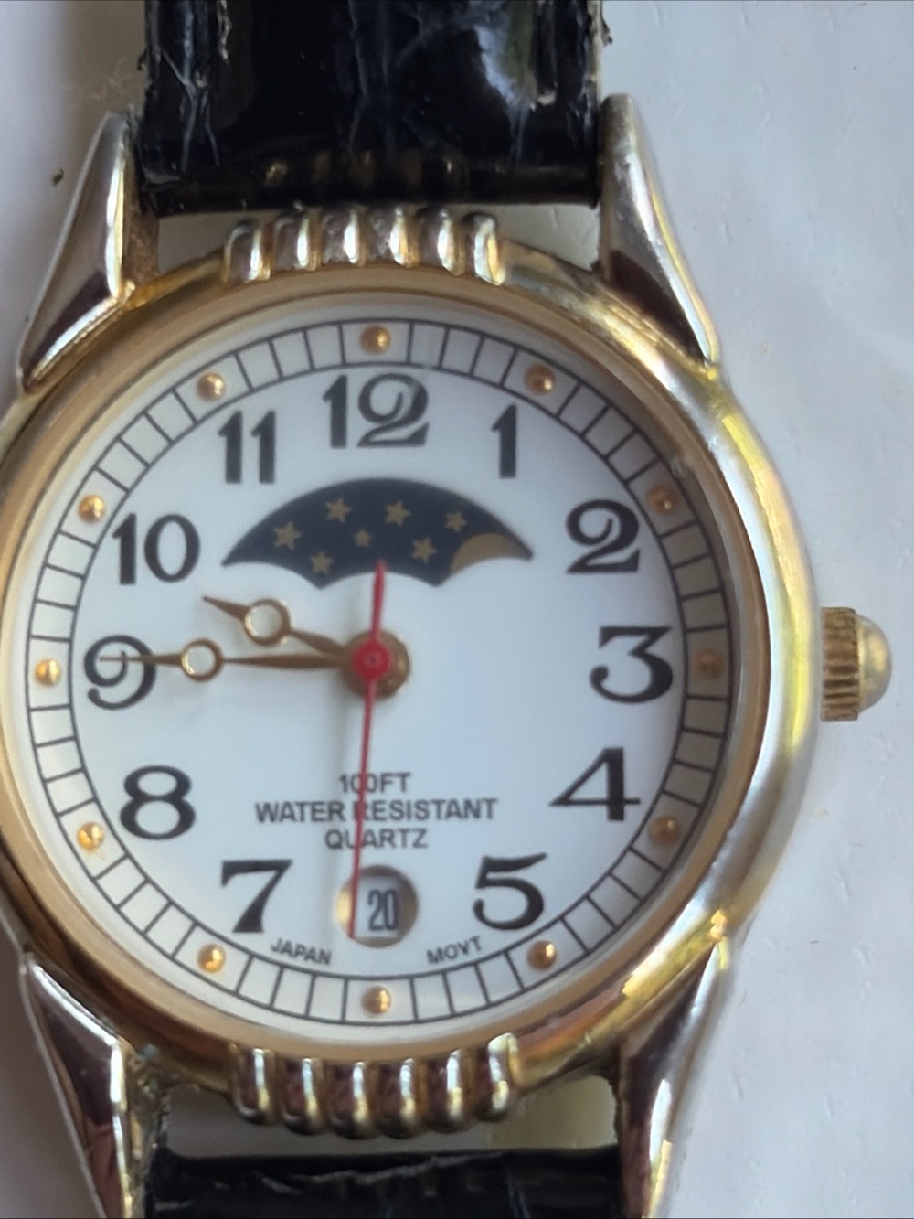 Vintage White Stag Moon Phase Watch WS60583W Black Leather New Battery